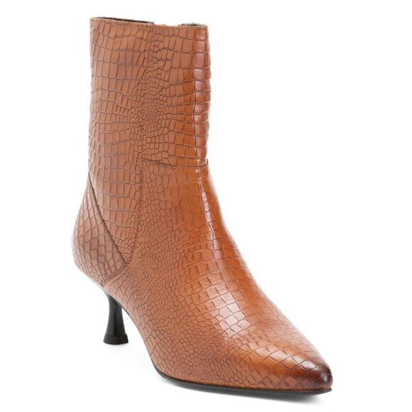 ALLONSI Tan Leather Kitten Heel Side Zip Croco Booties - Picture 1 of 2